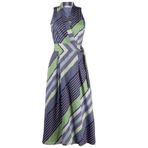 TORY BURCH Striped Cotton-poplin Wrap Midi Dress Navy Size 4 - Picture 2 of 5